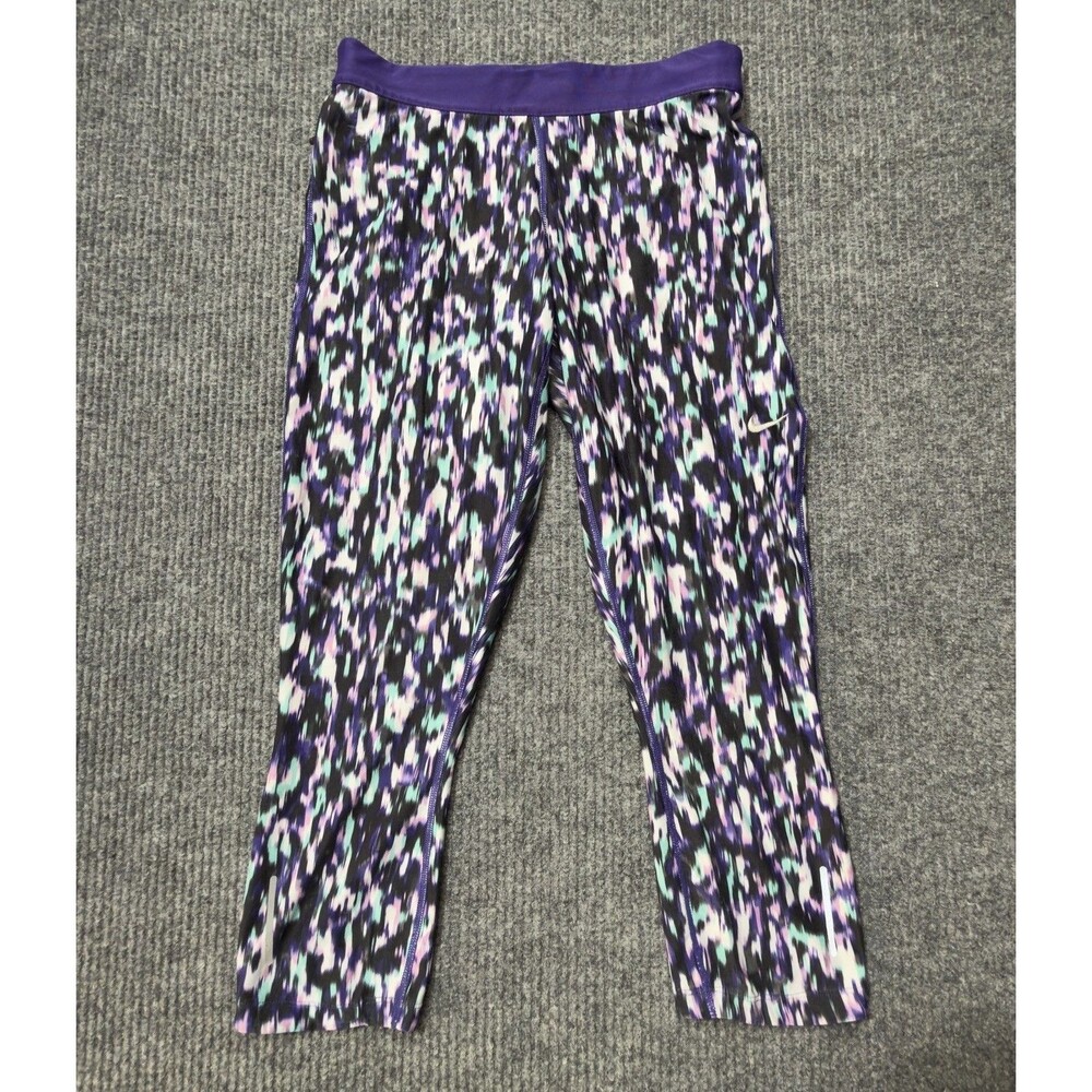Nike Dri-Fit Womens Medium Relay Printed Crop Running Capri Leggings Purple Blue